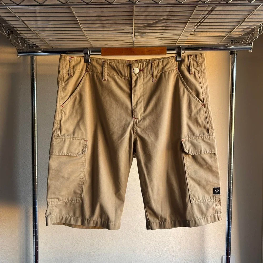 True Religion Mens Khaki Cargo Shorts Tan Y2K Streetwear Utility Size 38
